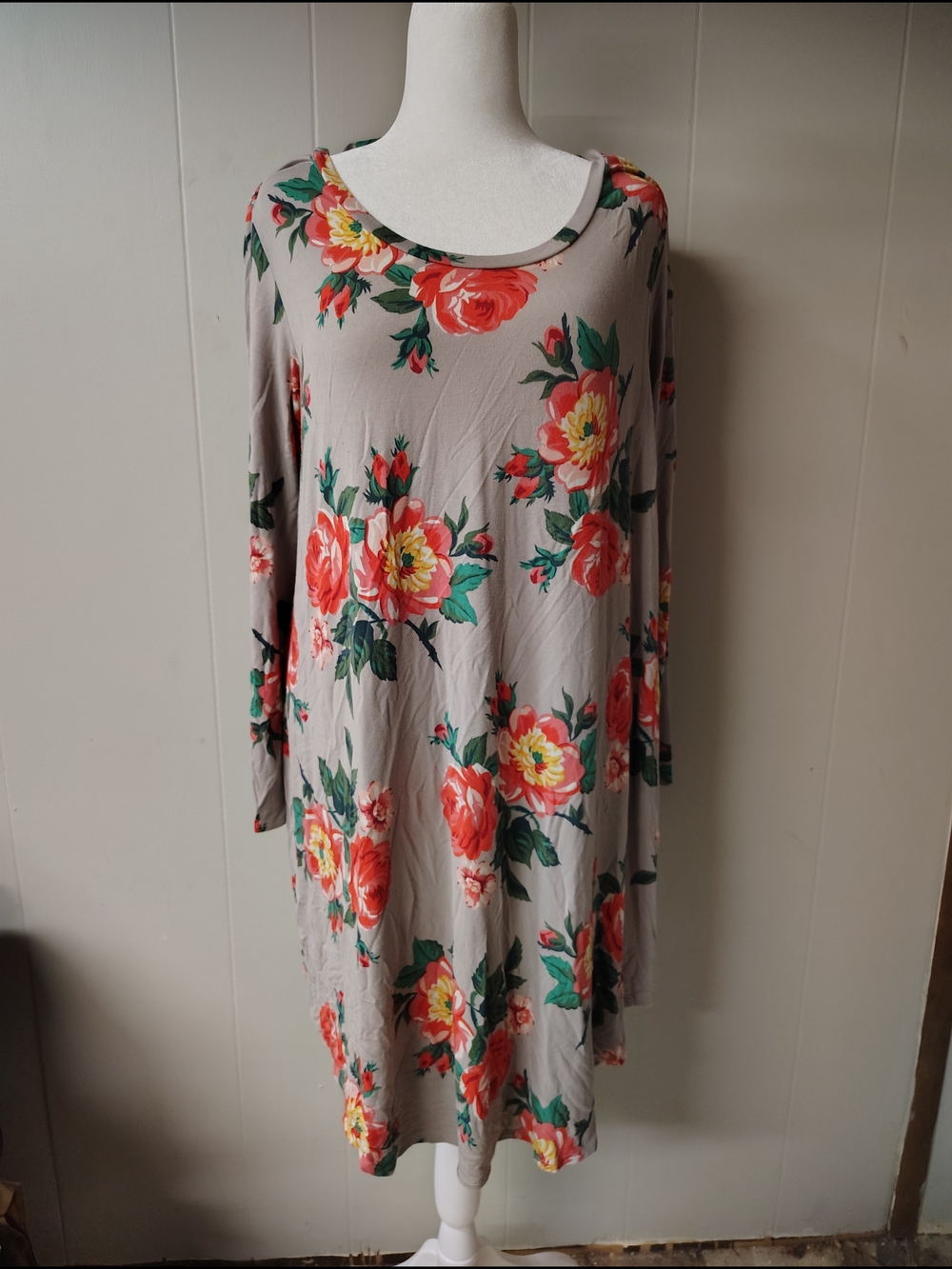 Matilda Jane Taupe Floral Midi Dress with Coral & Green